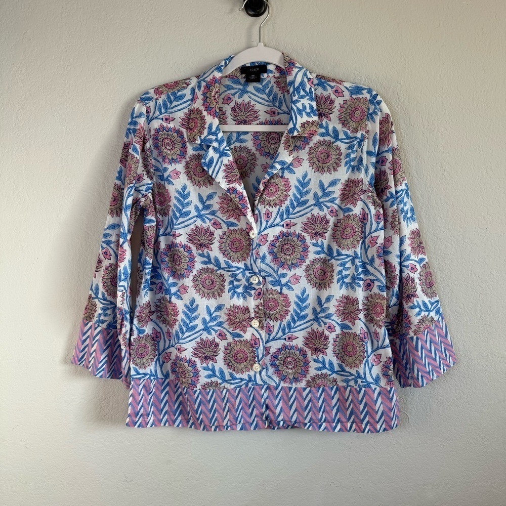 J Crew Button Front Lightweight Cotton Blue Pink Floral Vine Block Top Size XS